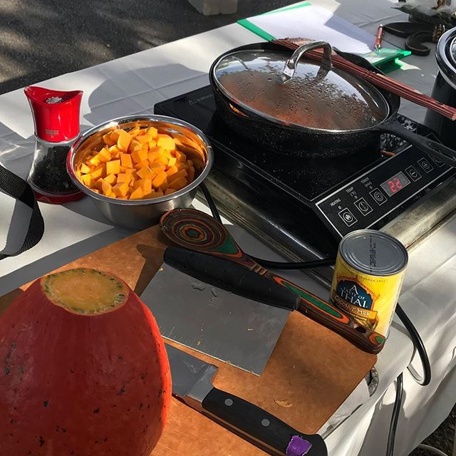 Early morning at the _wacofarmersmkt Autumn Harvest Squash & Sweet Potato Bisque with Fried Green Tomato Salad! #redkurisquash from Woods Ac