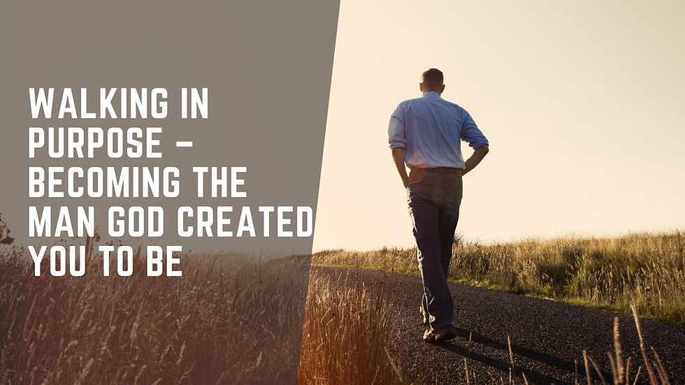Man walking on a country path at sunset. Text: "Walking in Purpose – Becoming the Man God Created You to Be." Calm and introspective mood.
