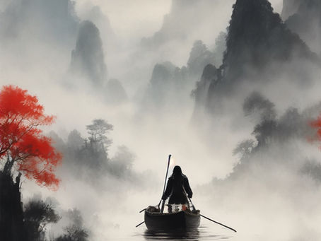 Man in canoe in fog