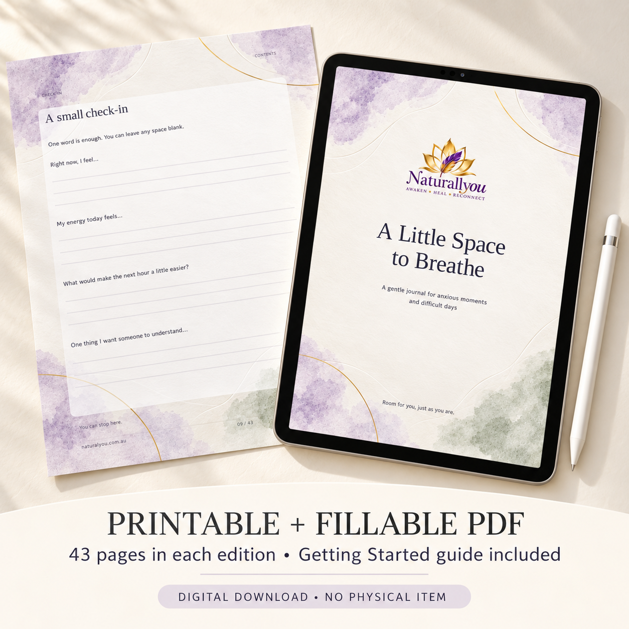 Naturallyou journal cover on a tablet beside a printed check-in page; digital PDF bundle.