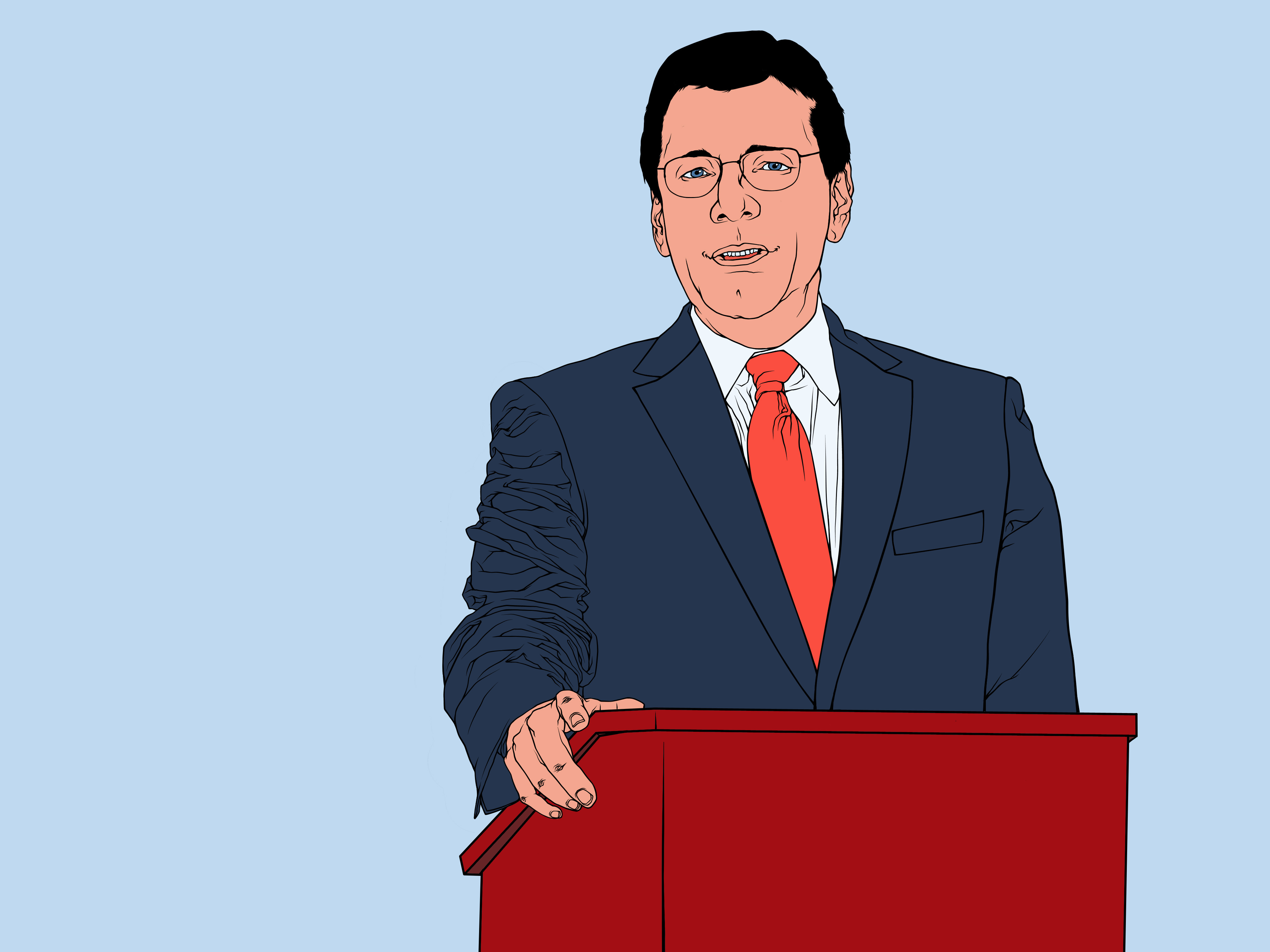 Illustration of a person in a suit and tie standing at a podium, representing a leader or speaker giving a speech or organizational talk.