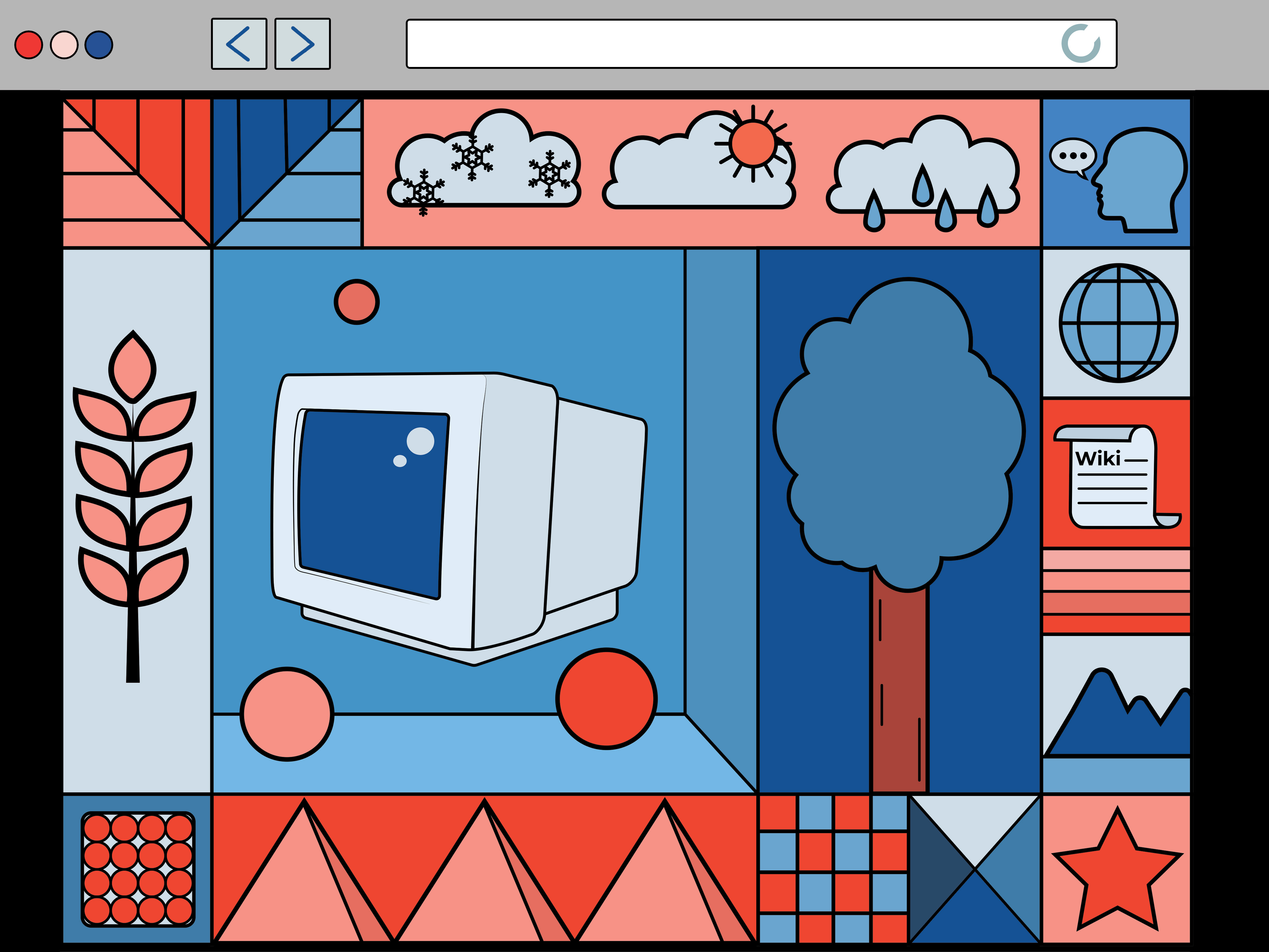 Web browser window with abstract blocks featuring icons like computer monitor, tree, weather, globe, and 'Wiki' document in red, blue, and beige.