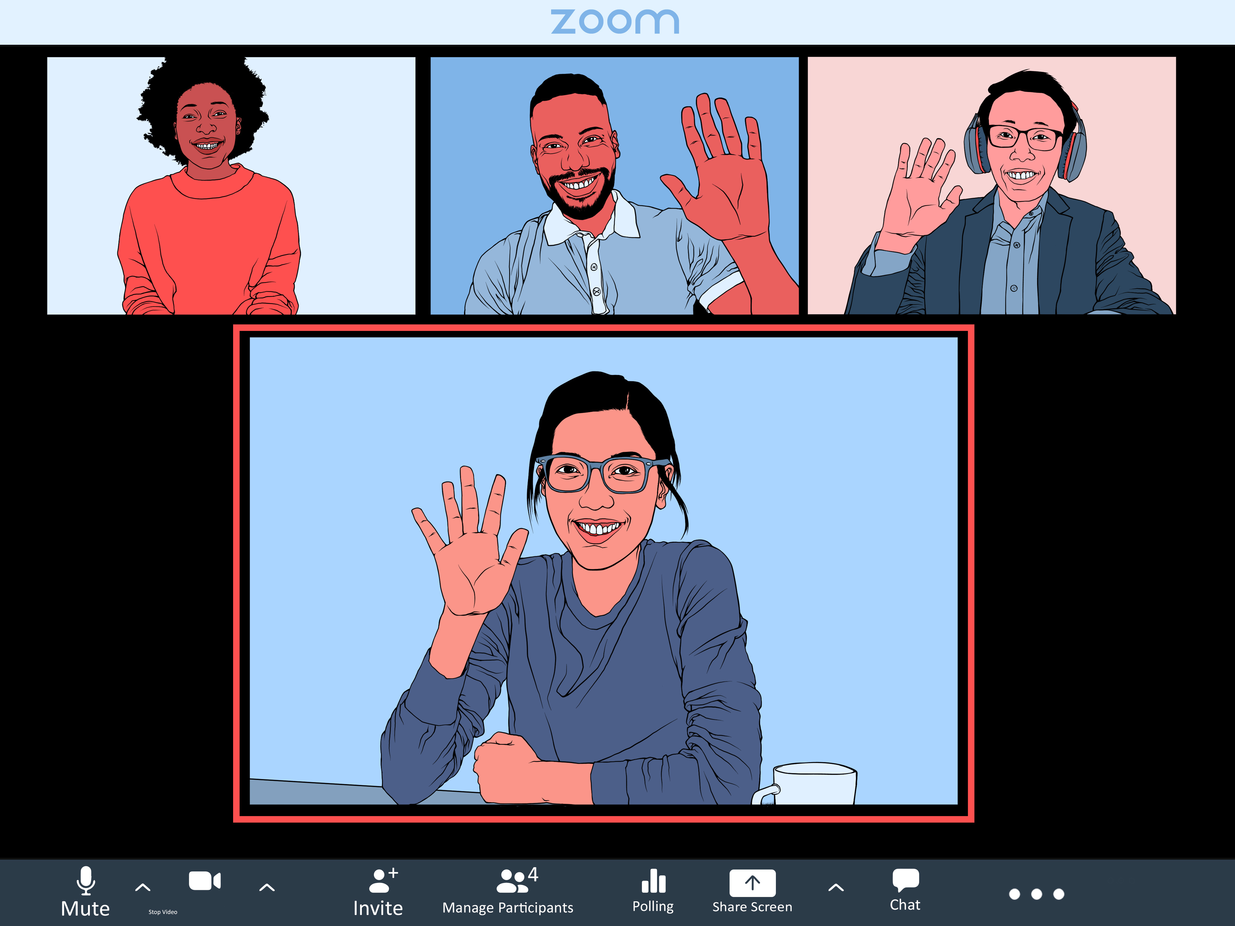 Virtual Zoom meeting illustration showing four participants: three in small side windows and one featured in a large main window.