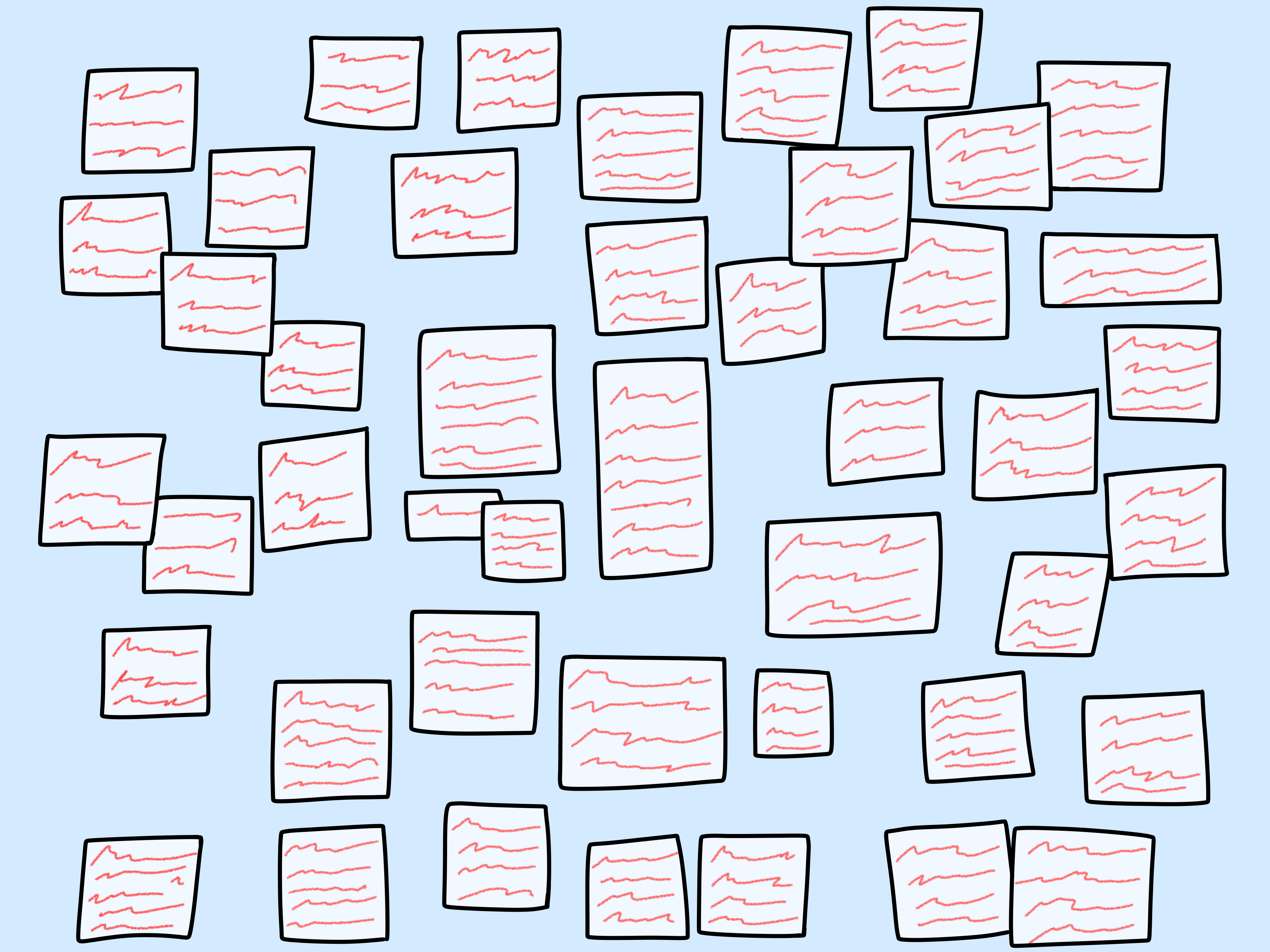 Illustration of scattered white papers with red scribbles.