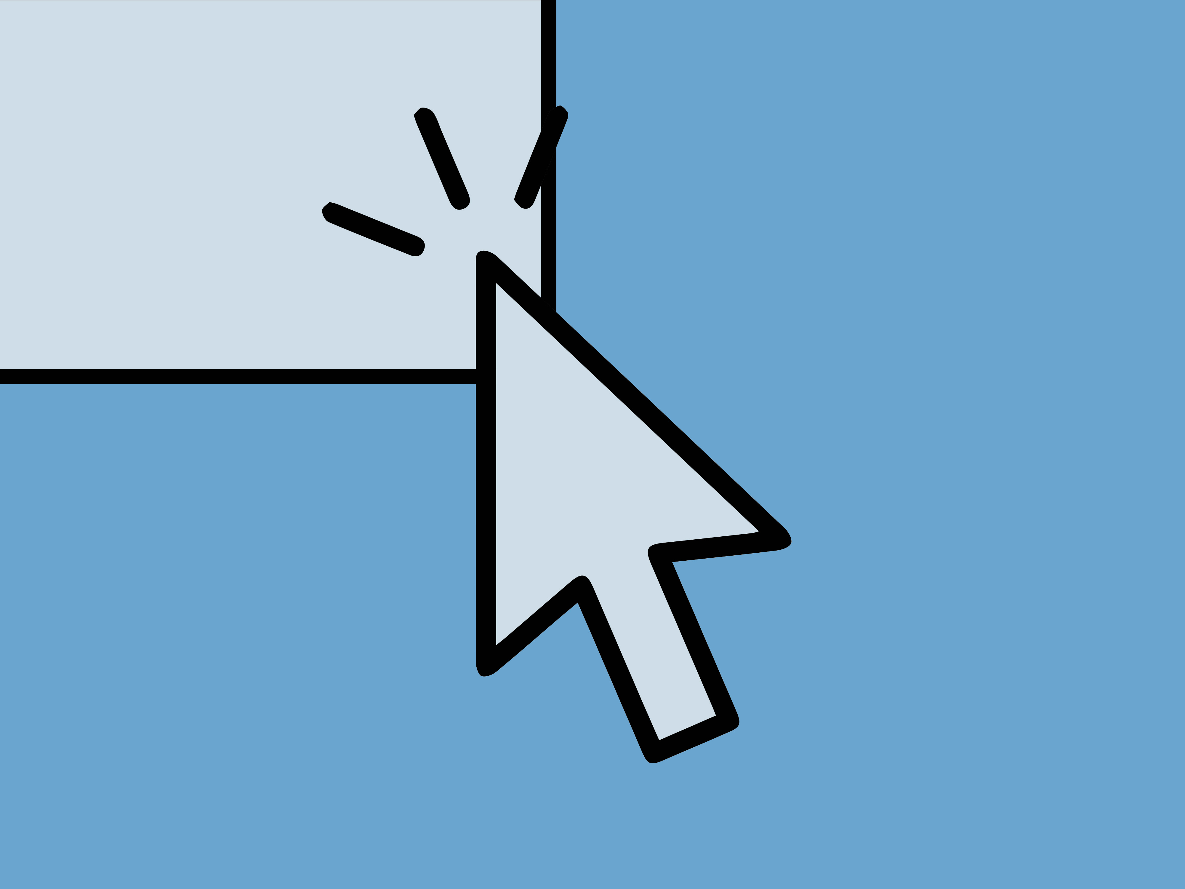 Computer cursor clicking the corner of a gray box on a blue background with click lines.