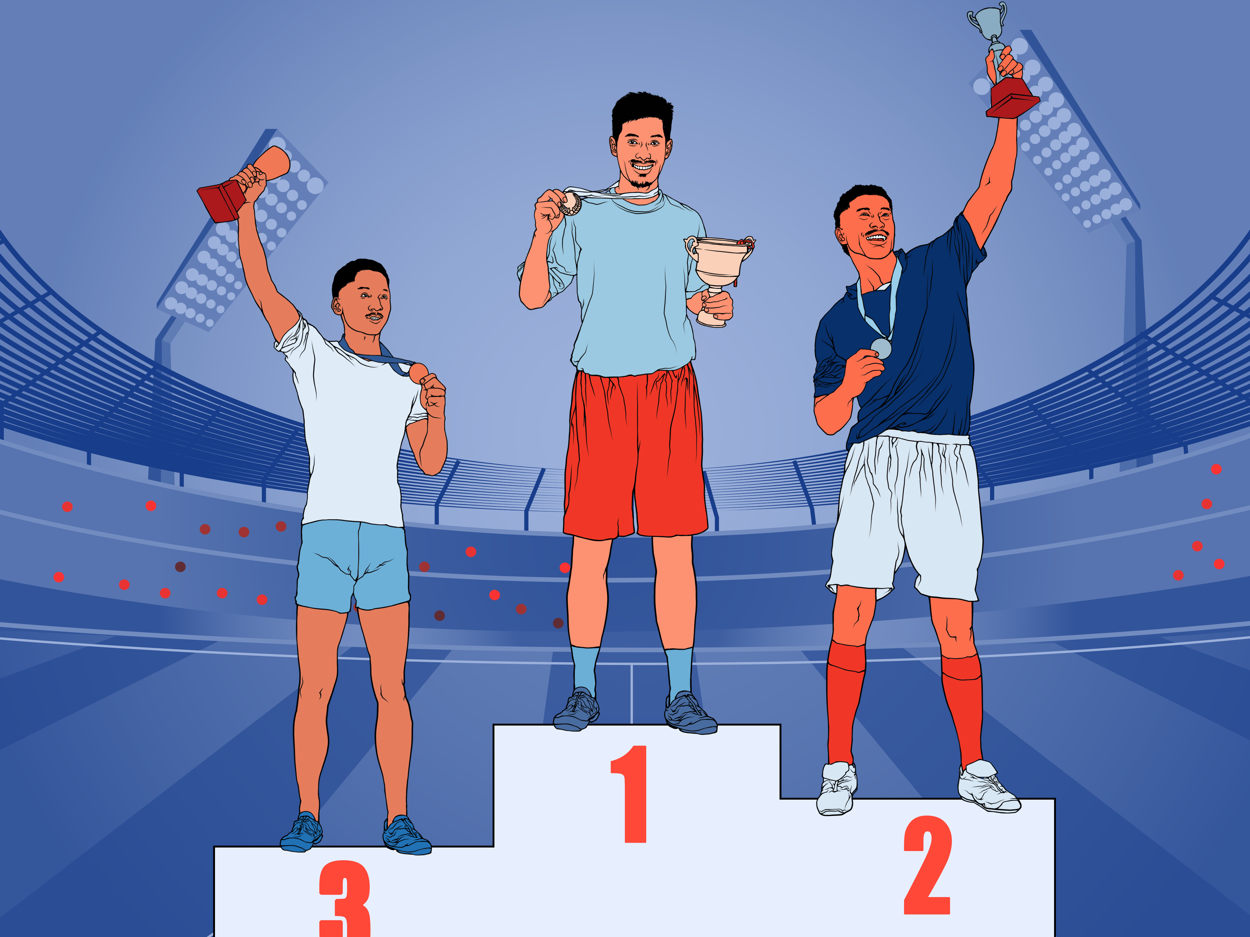 Three athletes on a winners podium holding trophies; center athlete in first place in red shorts.