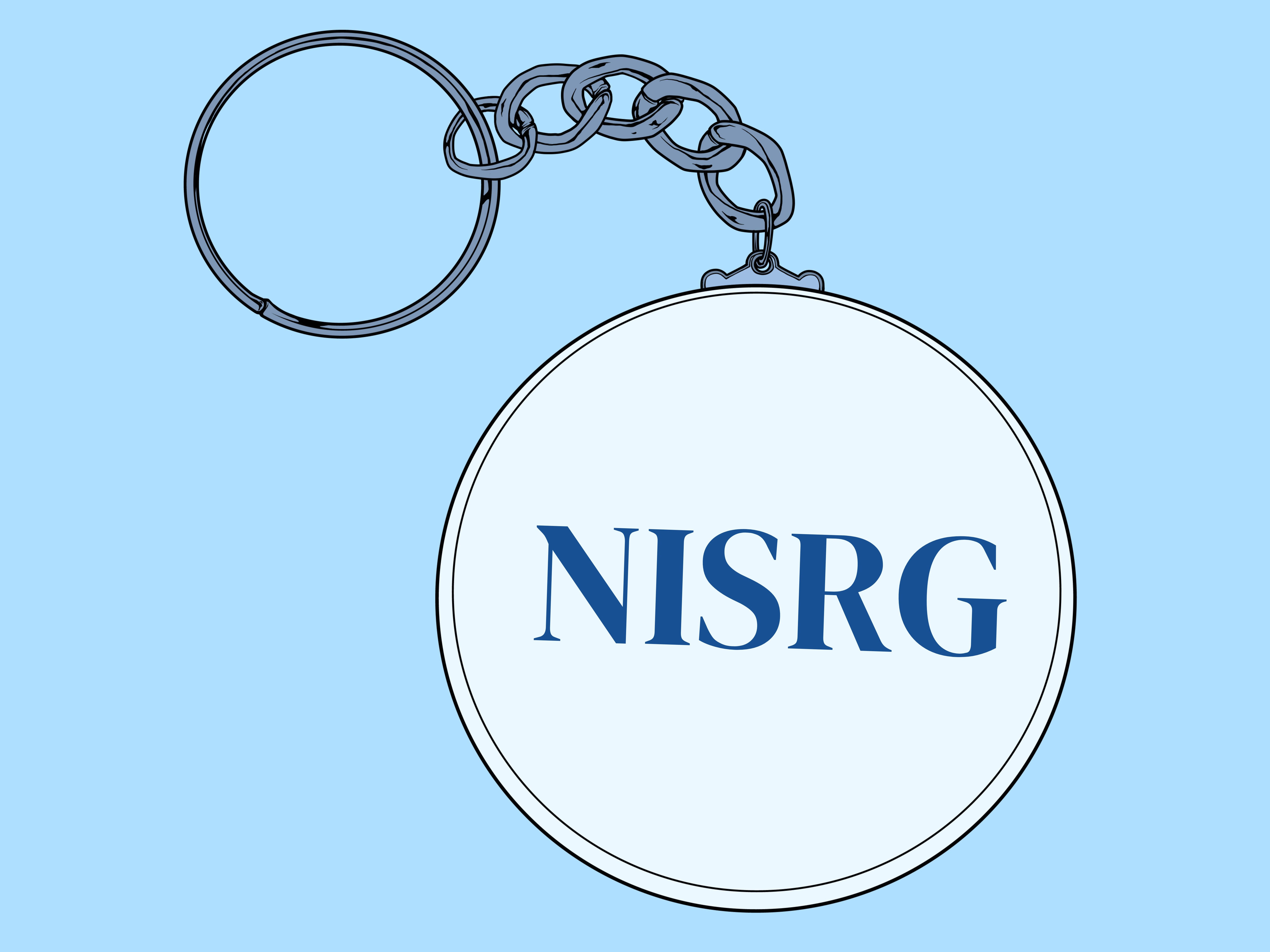 Illustrated keychain mockup with NISRG logo in blue brand colors, showcasing merchandise design service.