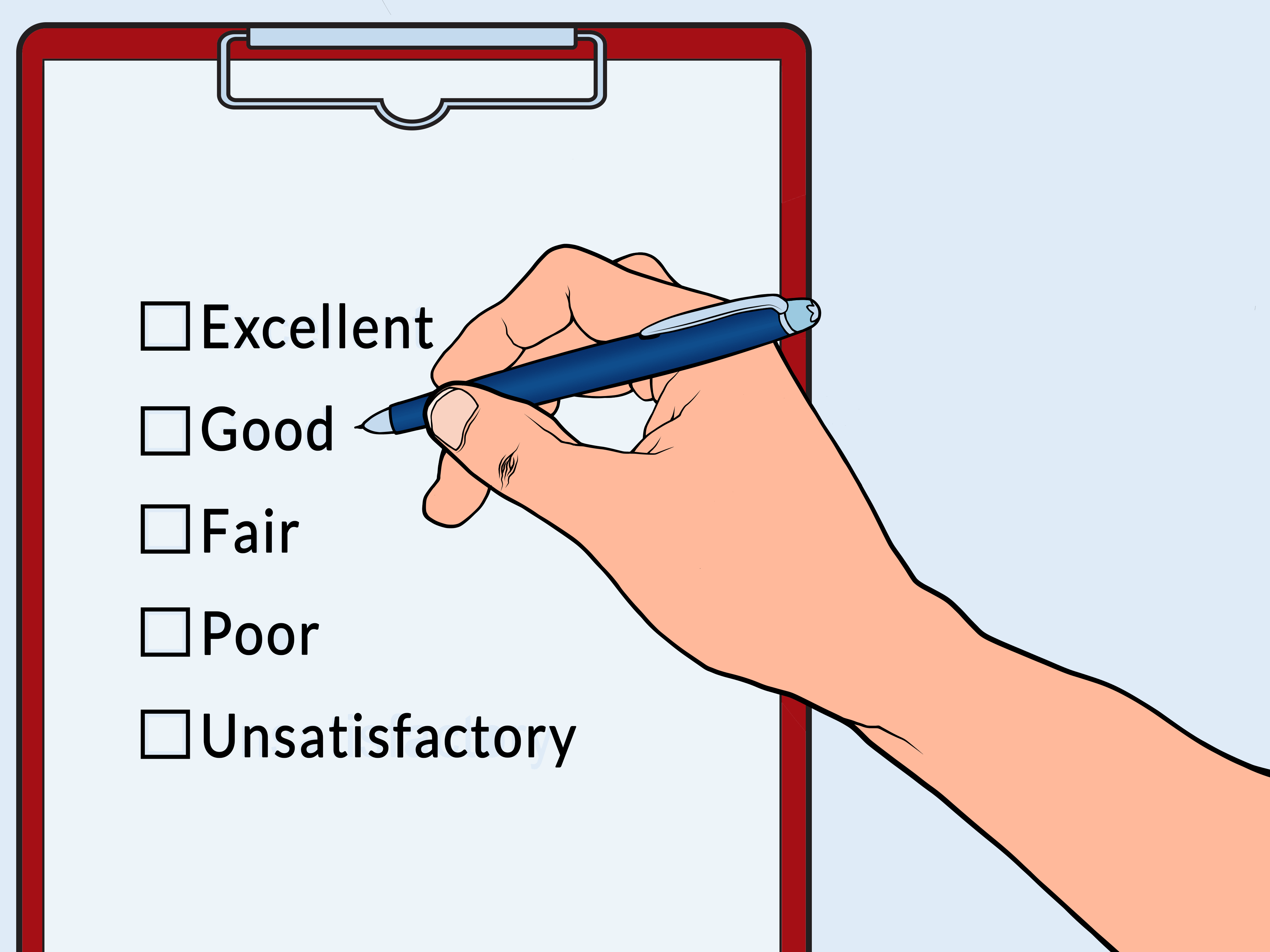 Hand marking 'Good' on a checklist with options from Excellent to Unsatisfactory on a clipboard.