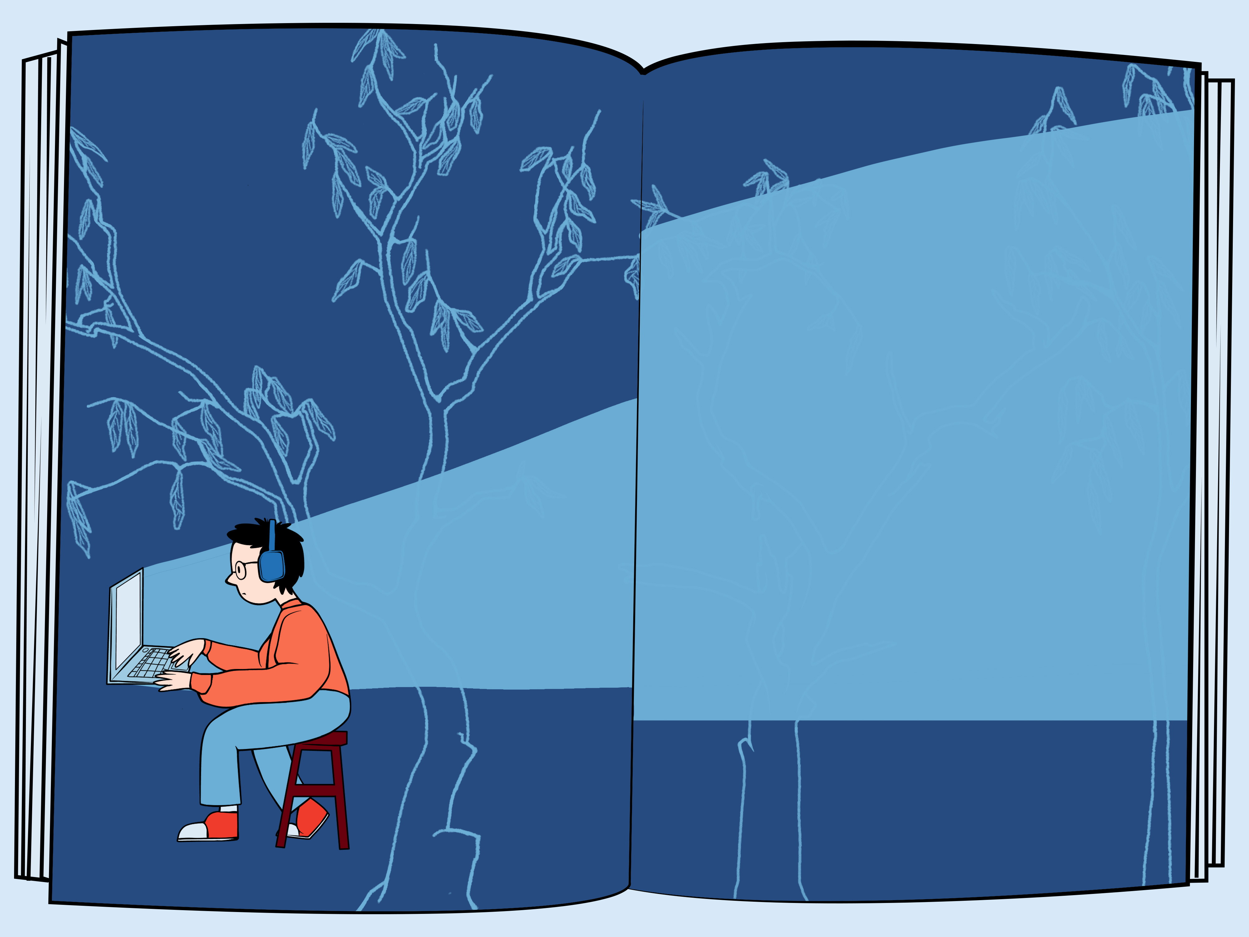 Illustration of an open dark blue book with a boy sitting at a desk using a laptop on the left page; the laptop casts a light blue glow onto the right page.