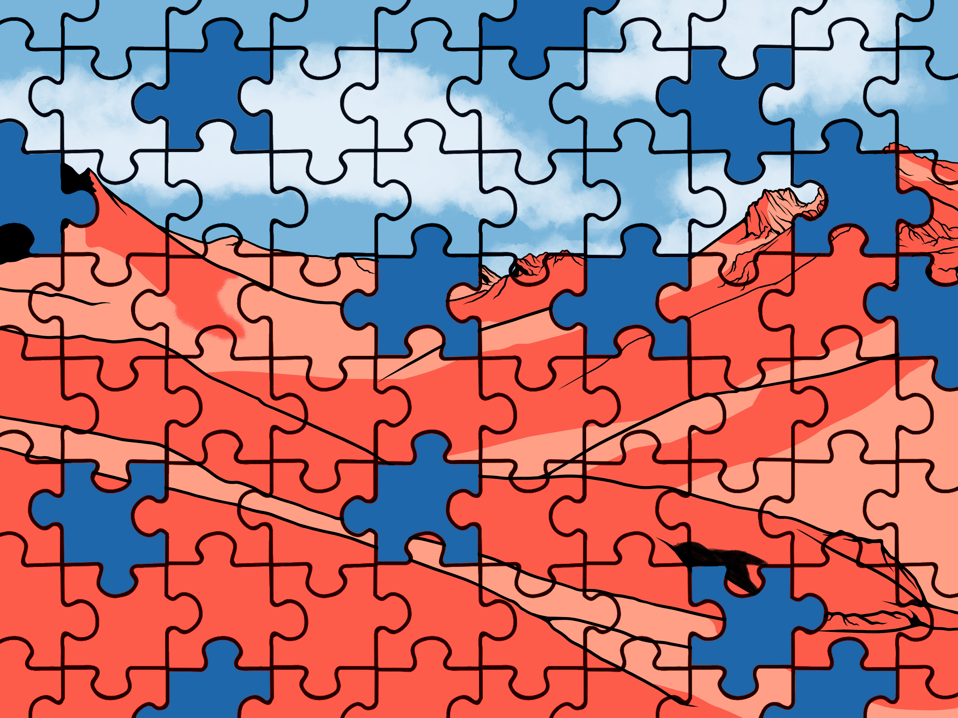 Partially completed jigsaw puzzle showing a person in red under a blue sky, with some pieces missing.