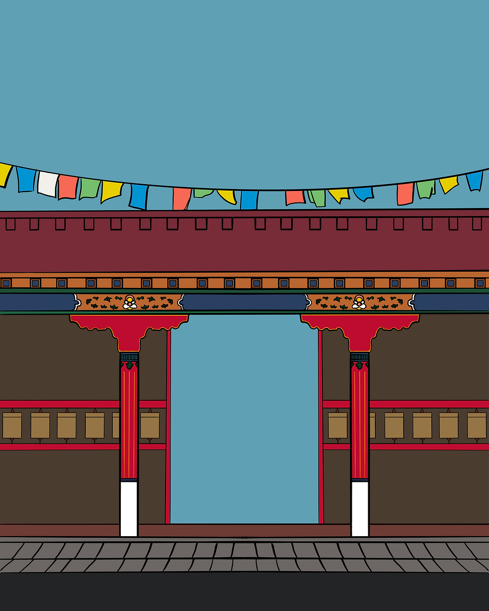 Colorful Tibetan building in Himachal Pradesh facade with red pillars and prayer flags above. Detailed patterns adorn the architecture against a clear sky.