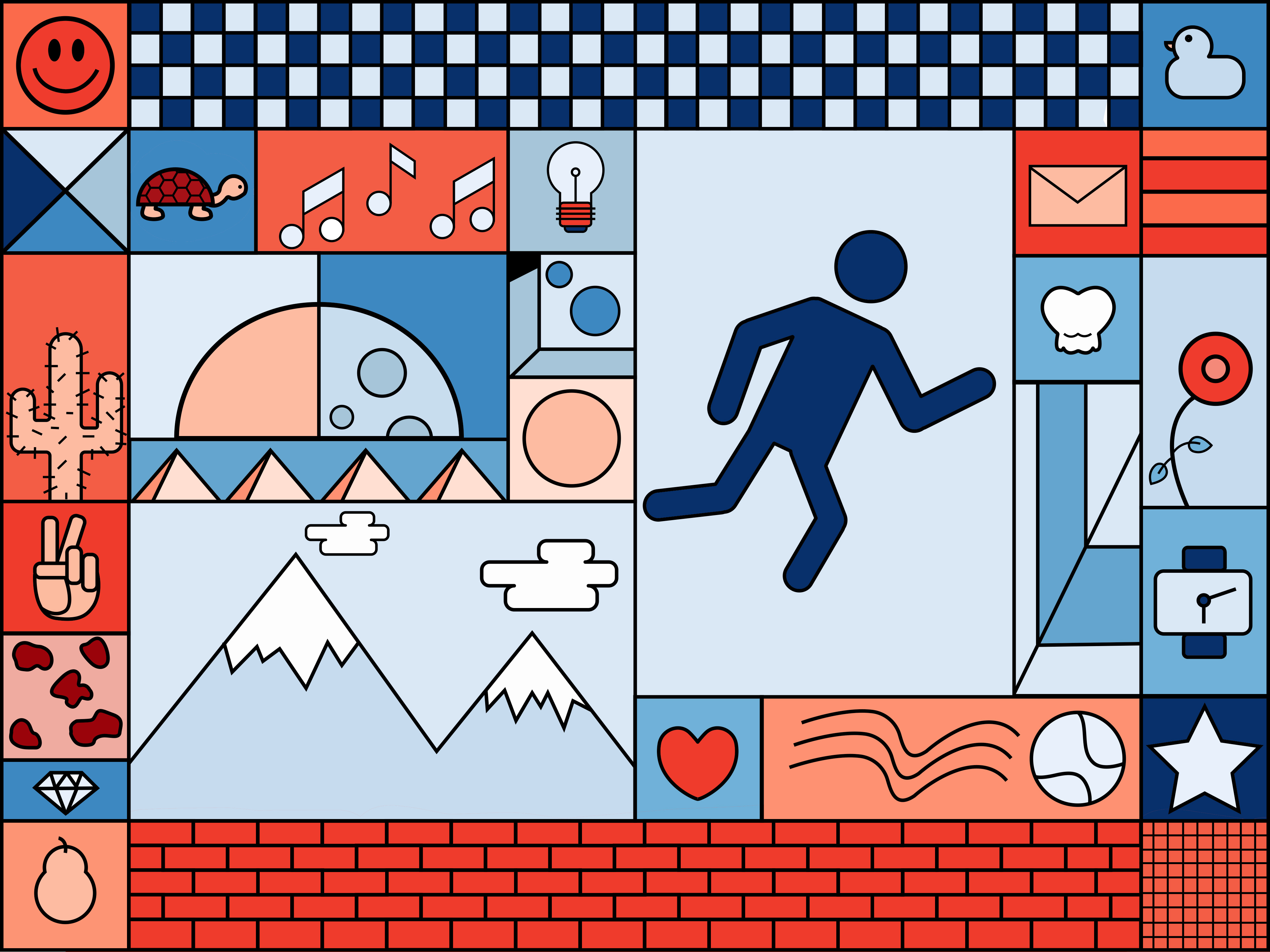 Colorful abstract grid with icons including running figure, mountains, sun, moon, heart, music notes, and cactus.