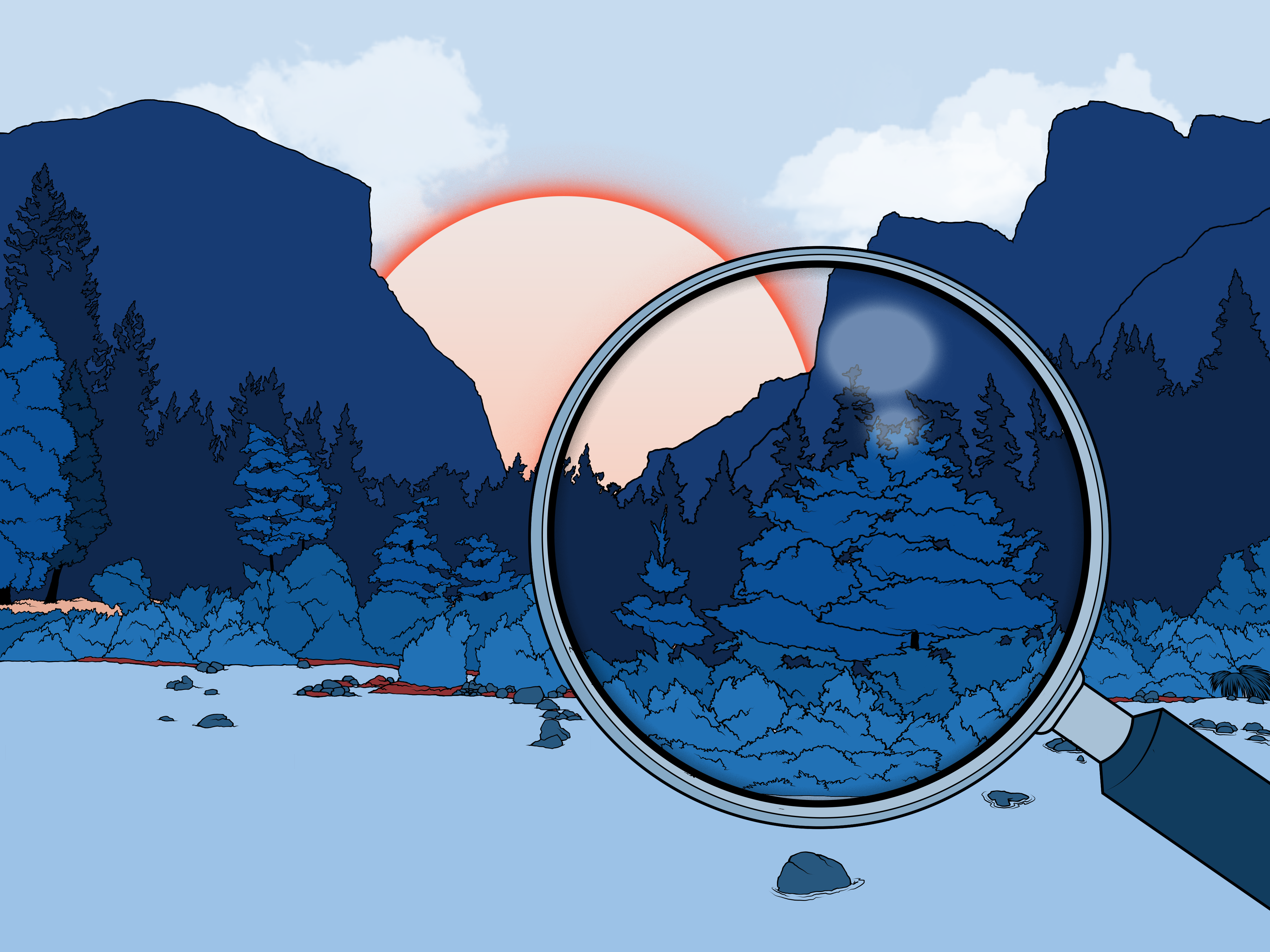 Landscape with mountains and trees at sunset, magnifying glass highlighting tree details.