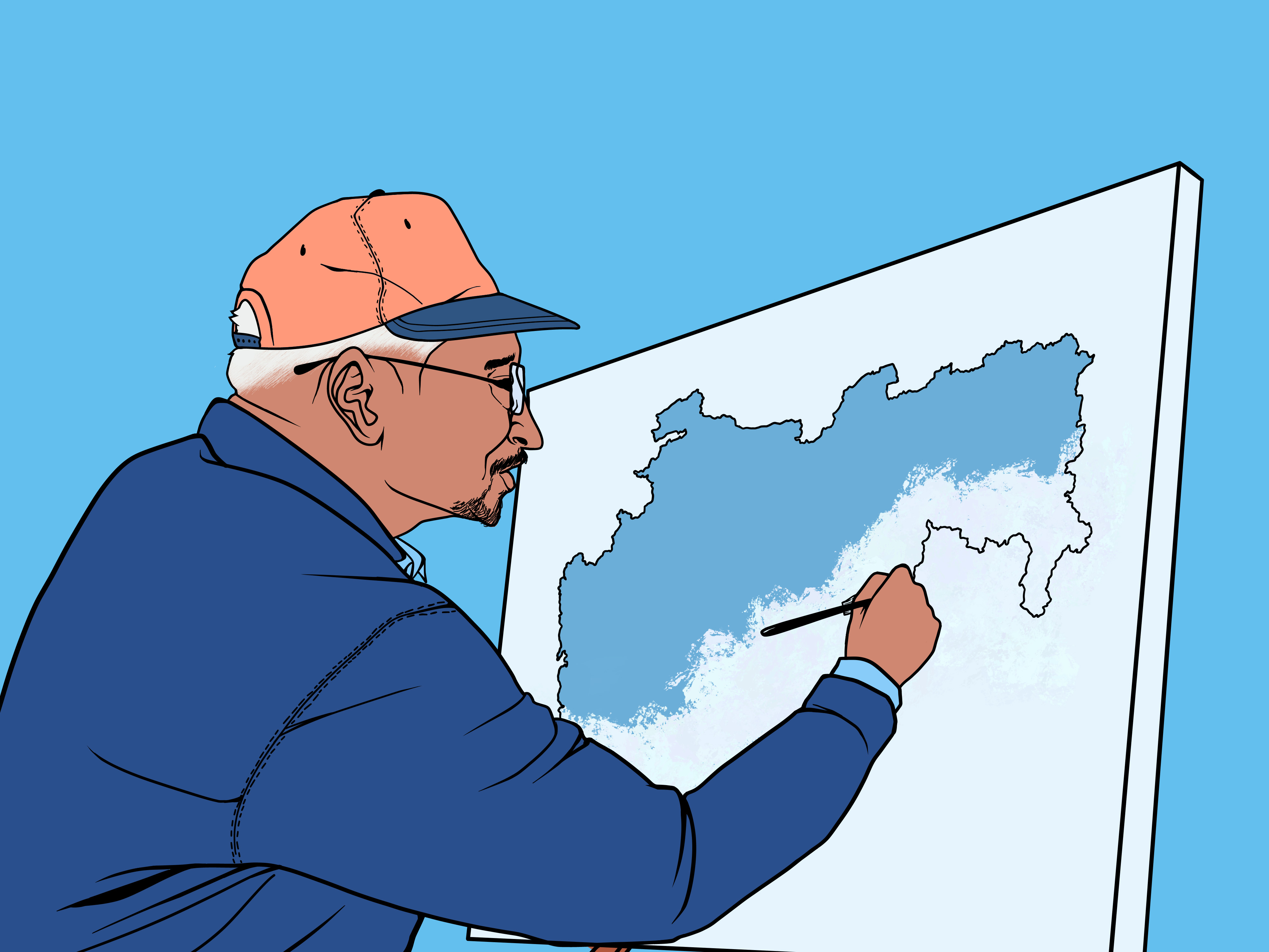 Elderly man painting a blue map of Maharashtra on a canvas.