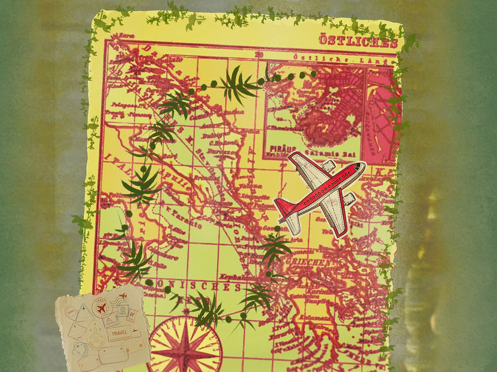 A vintage map with green leaves and a red plane graphic. Text in German; a small postcard at the bottom says "TRAVEL." Warm tones.