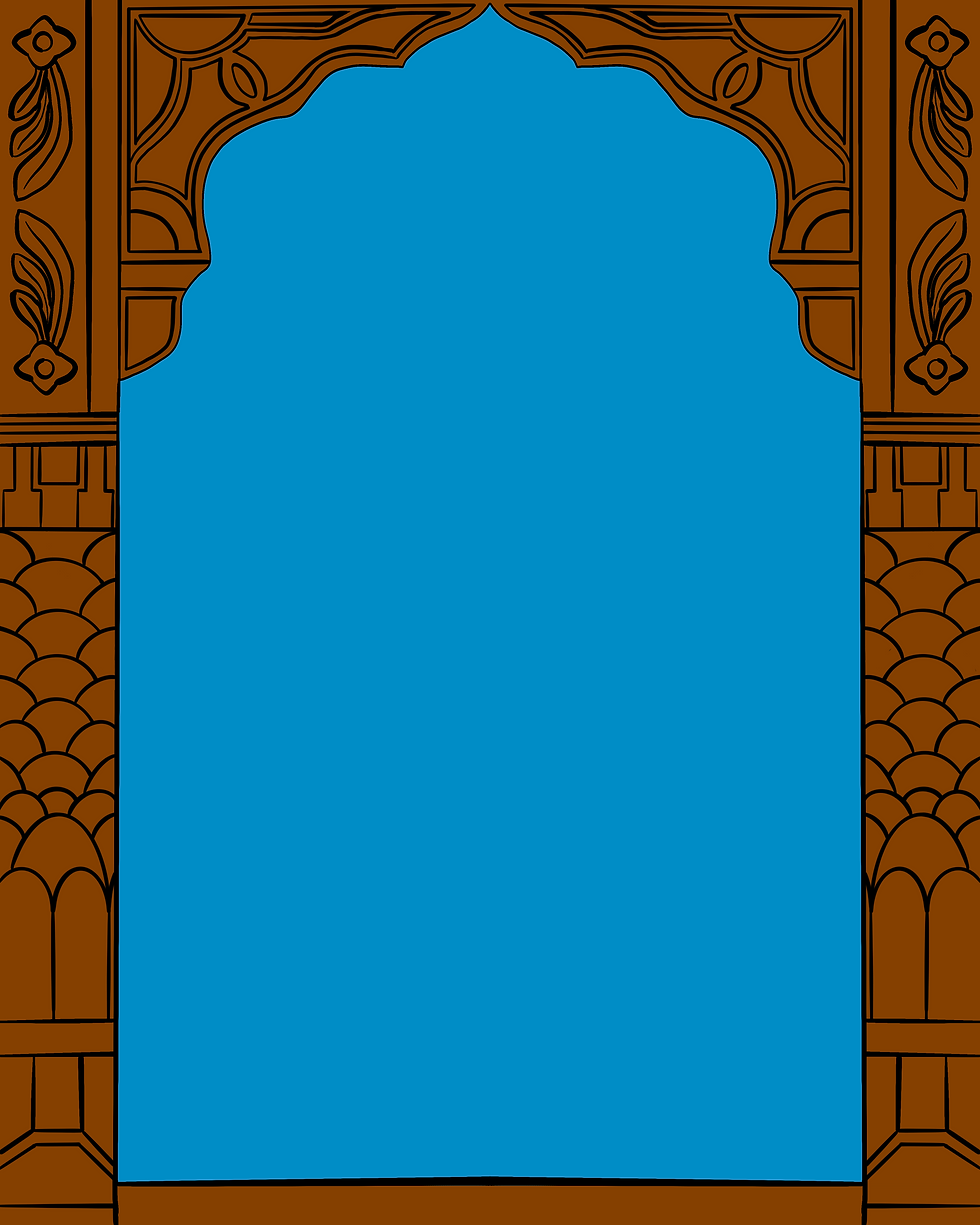Ornate brown arch with floral patterns frames a bright blue background. No text or figures present, emphasizing geometric details.