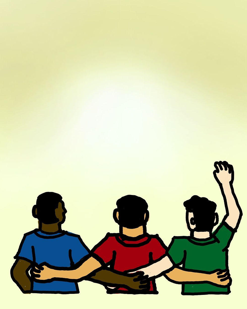 Three people seen from behind stand arm-in-arm; all are wearing football jerseys. one raises a hand against a pale yellow background, suggesting unity and support through football.