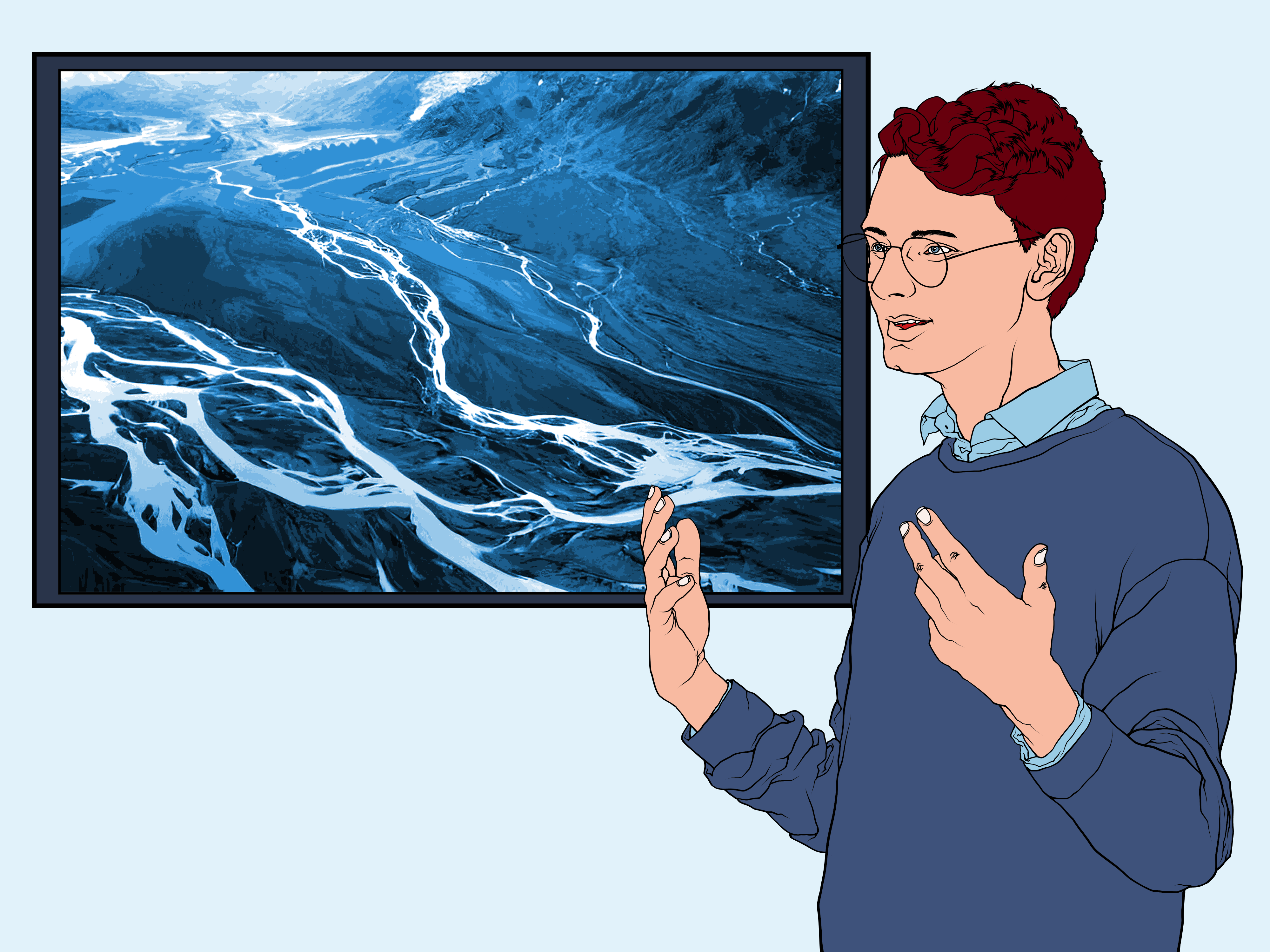 Illustration of a scholar wearing a sweater and glasses giving a lecture, with a screen behind showing an aerial view of rivers.