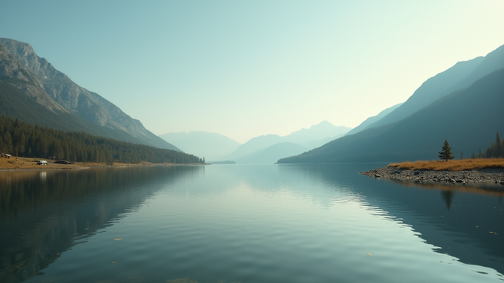 Eye-level view of a serene landscape with a tranquil lake
