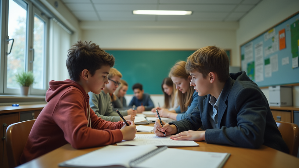 Eye-level view of a classroom with students engaged in a group project