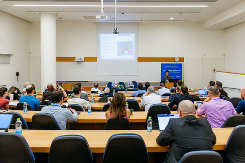 Audience and speaker at Japan, Israel, superpower lecture.