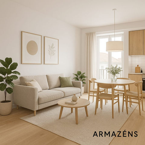 Light and airy living space with sofa and dining area