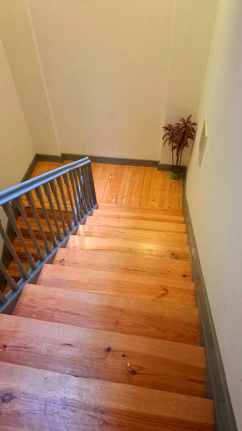 Wooden staircase with gray railing, plant visible