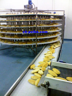 Pita bread production line, rotating trays, conveyor belt