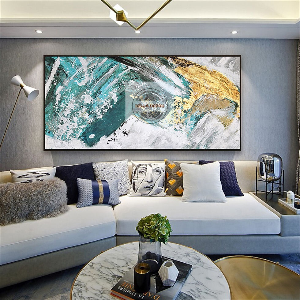 Textured Golden Coast painting styled above sofa in coastal living room