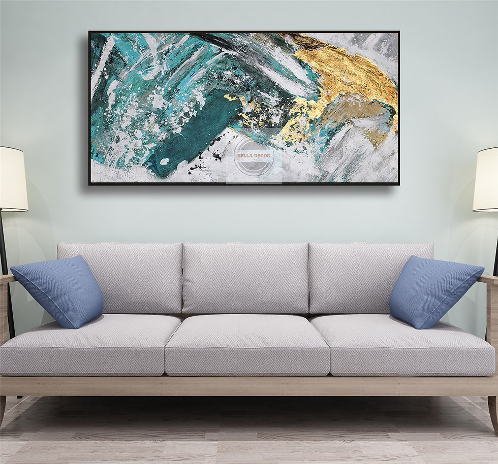 Golden Coast textured wall art in float frame above living room sof