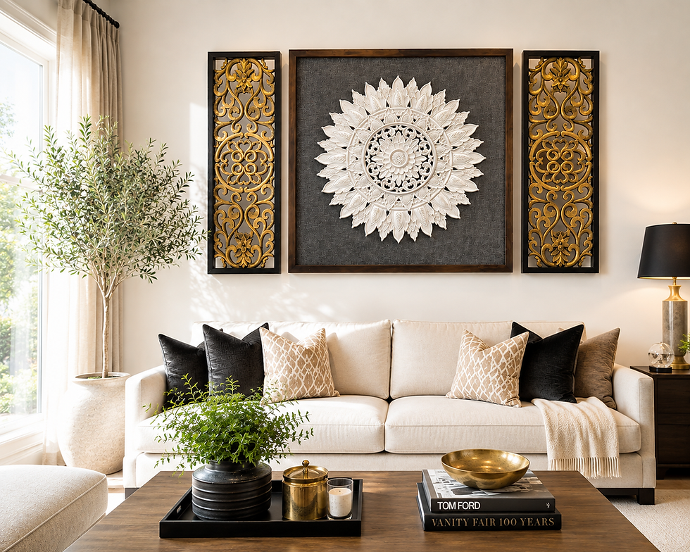 Handmade mandala wall panel styled above sofa in Sydney living room