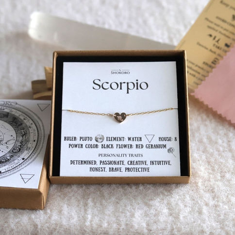 Scorpio-Zodiac heart necklace gift box with meaning card. Personalized celestial choker gift by Shokoro Handmade Ontario.