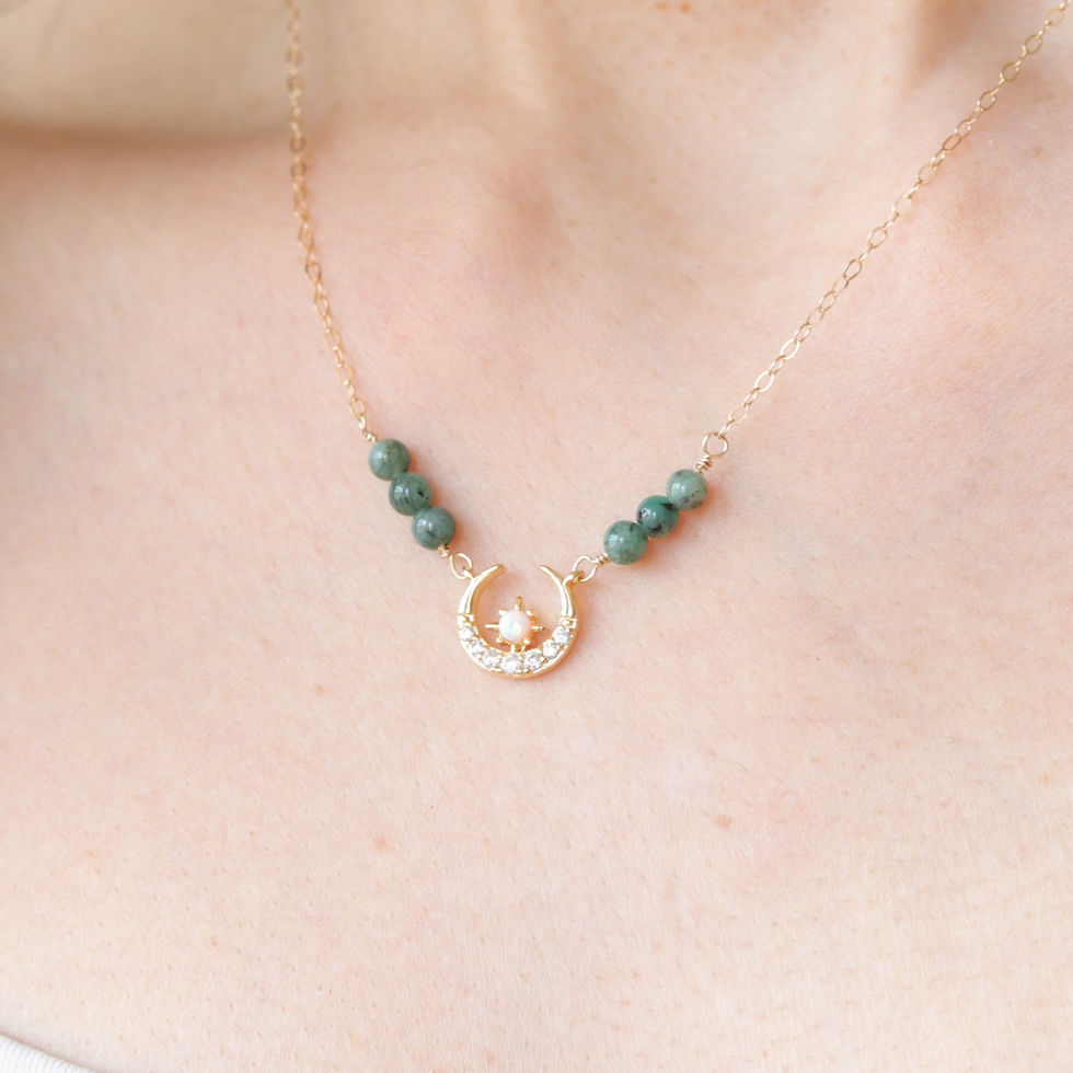 Crescent moon and star charm necklace with real emerald crystal beads on both side, wearing on skin, Feminine and beautiful