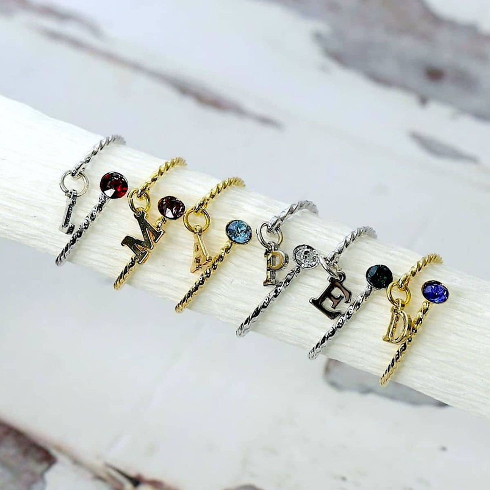 close-up rings with initial and birthstone, adjustable fit on any fingers, sleek gold and silver option.