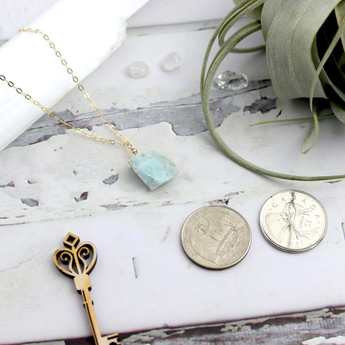 Delicate raw larimar pendant with 14k gold filled delicate chain. Minimalistic and Elegant design,