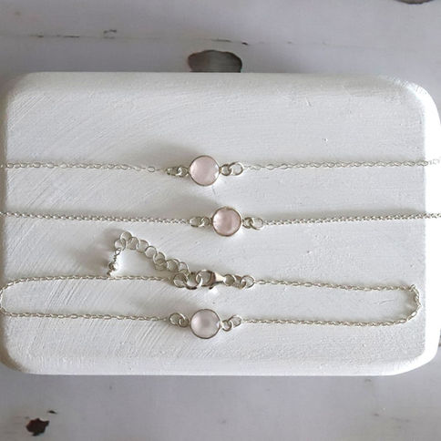 Dainty Rose Quartz bezel anklet with sterling silver chain, personalized minimalist jewelry made in Canada by Shokoro.