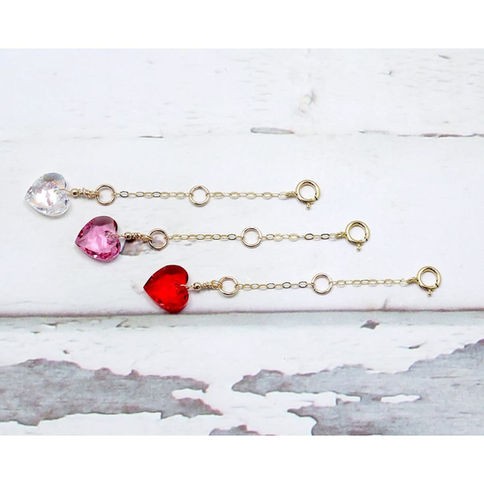 Three high quality14k gold filled necklace extender chains with heart-shaped Swarovski charms in clear, pink, and red