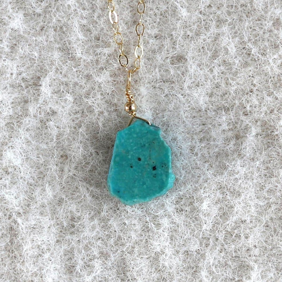 High quality Turquoise slab necklace on a 14k gold filled chain, showing natural inclusion and craftsmanship details.