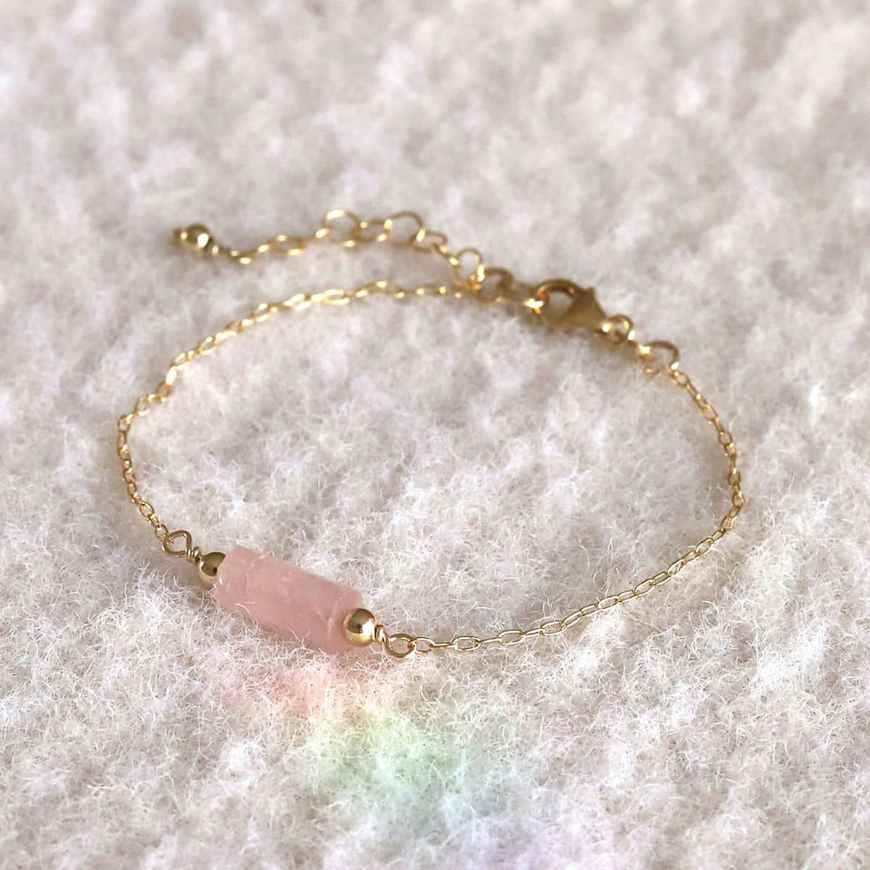 NaturalRose Quartz tube bead on a dainty 14k gold filled chain, adjustable artisan gemstone anklet for staking gentle energy.