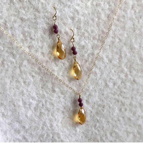 High clarity Citrine and Ruby necklace and earrings set in 14k gold filled, high-quality two gemstone, dainty minimalist gift