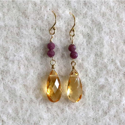 Citrine and Ruby Earrings sold with dainty necklace, handmade two gemstone jewelry set in 14k gold filled in Toronto, Canada.