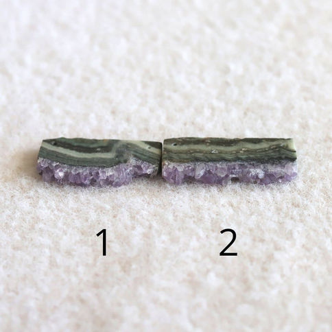 Pair of AAA Amethyst Geode, raw purple gemstone slices for personalized gold jewelry from Shokoro.