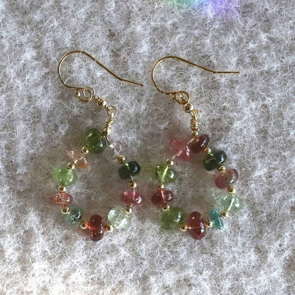 Front view of Rainbow Tourmaline drop ring earrings on French hooks, handcrafted for everyday luxury styling from Shokoro.