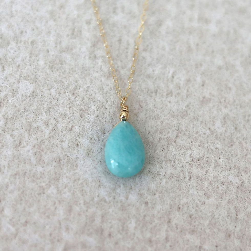 Vibrant Amazonite teardrop on a delicate gold filled chain, handcrafted wire accent from Shokoro, Toronto On, Canada.
