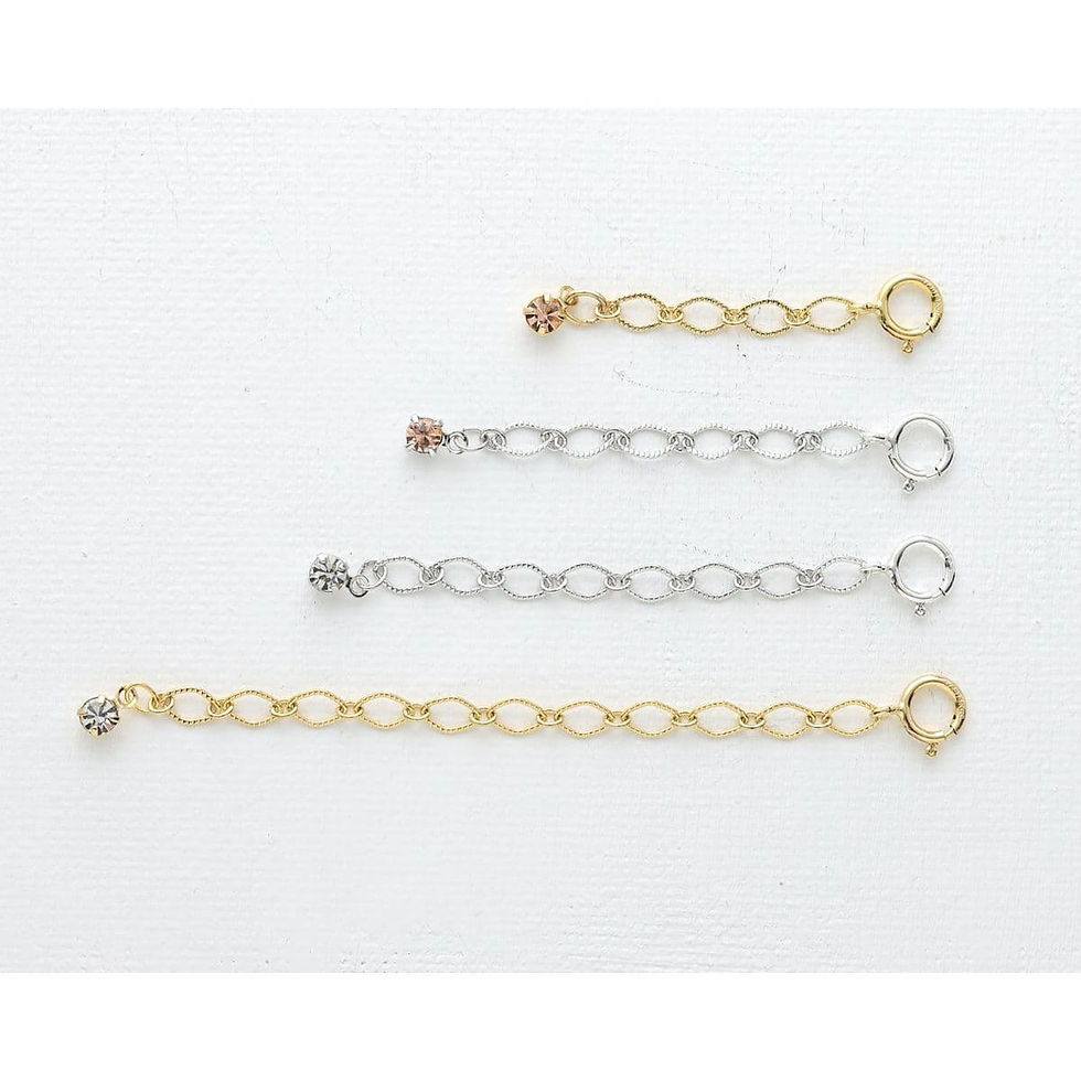 Close-up of necklace extender with vibrant rhinestones, different length for layering quiet luxury style.
