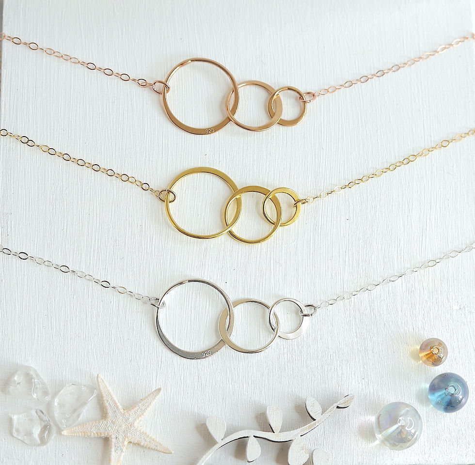 Triple Interlocking Circle Necklace styles perfect minimalist look to support your minimal style. Circle Pendant is one of must have necklace to enjoy styling your fashion Formally and Casually. 14K gold filed paper clip chain is absolutely attractive parts of Jewelry pieces. It is great gift for her special occasion.Do not forget to have extender chain to style fashion with many tops. Gold Rose Gold or Sterling Silver, Which material do you love to wear ? 