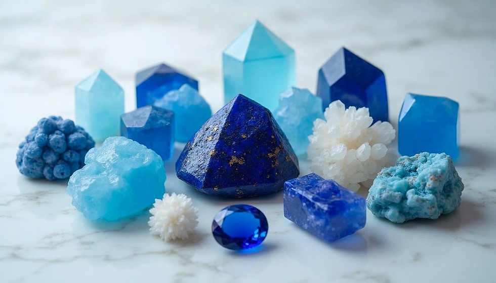 Various blue and white crystals and gemstones on a marble surface. Shapes include pyramids and clusters. Calm and serene mood.