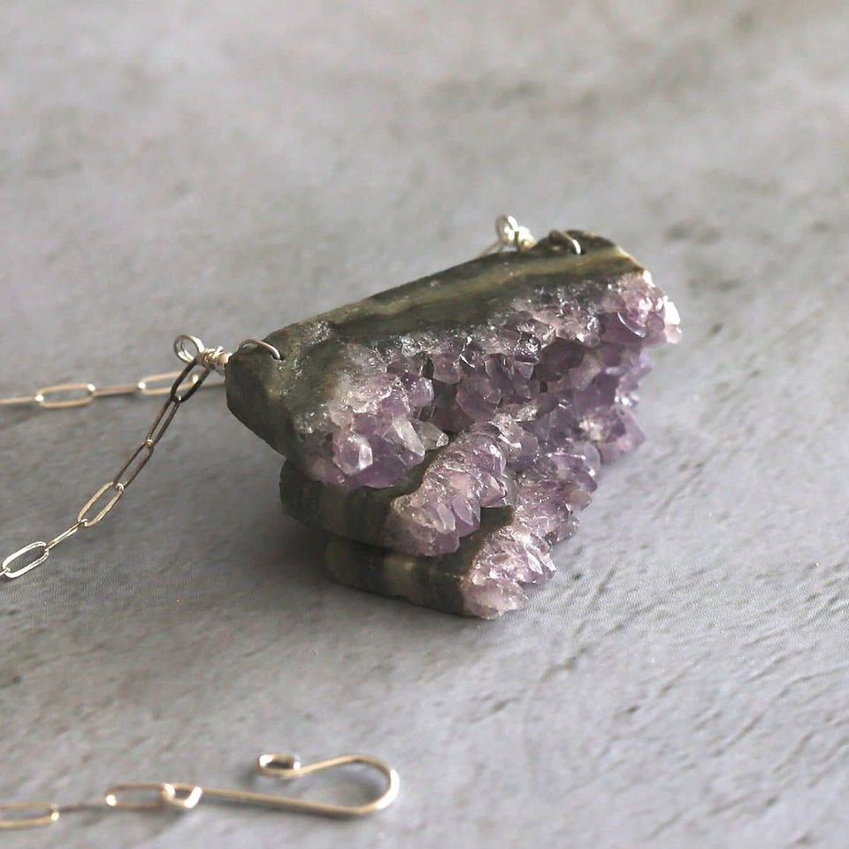 Raw Amethyst slab pendant and sterling silver chunky paperclip chain, handcrafted protection jewelry, limited rare collection from Shokoro.