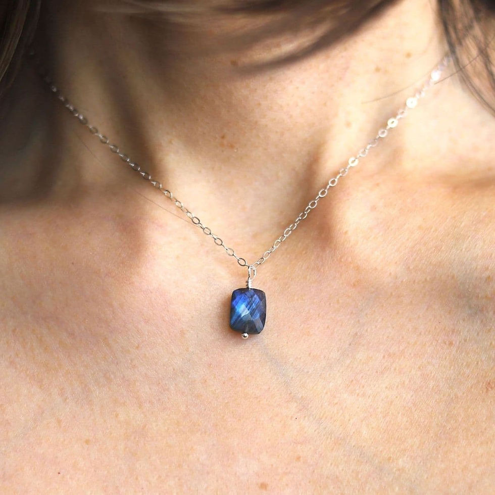 Shokoro iridescent indio Blue Labradorite necklace on a delciate silver chain, wearing intention and minimalist styling.