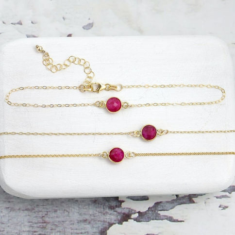 Red ruby 14k gold filled anklet with delicate chain, layering energy and intention for Summer style, handcrafted in Canada.